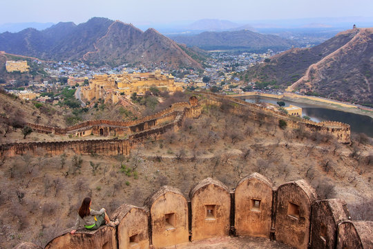 Defensive walls of Jaigarh Fort on Aravalli Hills near Jaipur, R