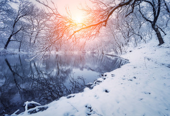 Winter forest on the river at sunset. Colorful landscape with snowy trees, frozen river with...