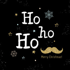 Christmas hipster greeting card, ho sign, Santa Claus mustache. Gold hand drawn design elements. Modern Christmas background.