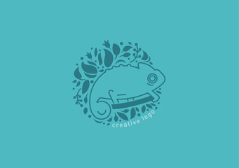 Creative emblem in a linear style, the chameleon