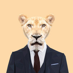Lioness cat animal dressed up in navy blue suit with red tie. Business man. Vector illustration.