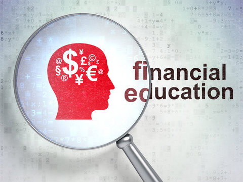 Learning concept: Head With Finance Symbol and Financial Education with optical glass