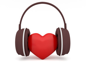 Fototapeta na wymiar Love Music, Red 3d Heart With Headphones, 3d illustration on white background