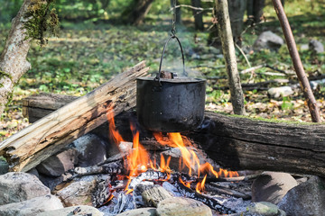 Cauldron on fire in forest