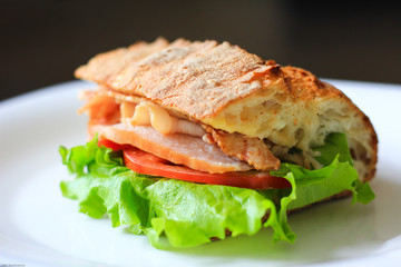 Delicious sandwich with lettuce leaf, tomato and ham on a white plate.