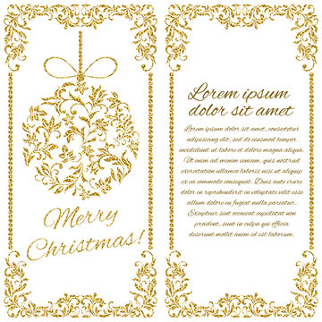 Elegant Christmas postcard: Ball with gold glitter from a floral ornament. There is a place for text