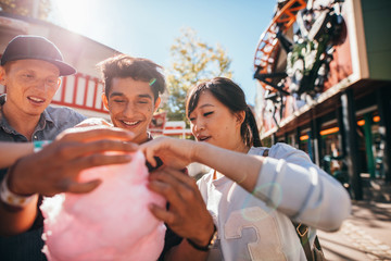 Group of friends eating cotton candy in amusement park