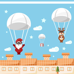 santa claus and reindeer delivering christmas presents by parachute