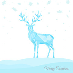  Christmas greeting card with blue  reindeer  on winter backgrou