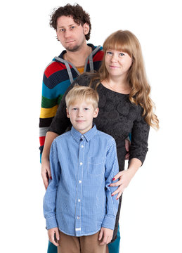 Happy Caucasian Family With Dad, Mom And Son Looking At Camera, Isolated On White Background