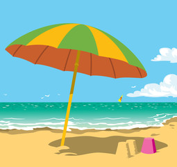 Sunny sea beach with umbrella. Cartoon vector illustration