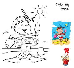 Little boy with swimming circle, flippers and mask on the beach. Coloring book. Cartoon  vector illustration