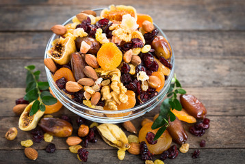 Dried fruits and nuts in the bowl