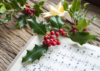 Sehr altes, handgeschriebenes Notenblatt mit Stechpalme und Weihnachtsstern, Weihnachten, xmas 