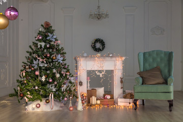 Happy New Year Christmas decor,  Background, fireplace,  tree.  card