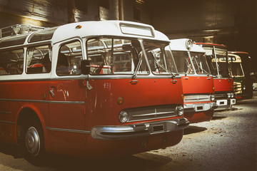 retro style buses inside hangar. Toned. Selective focus.