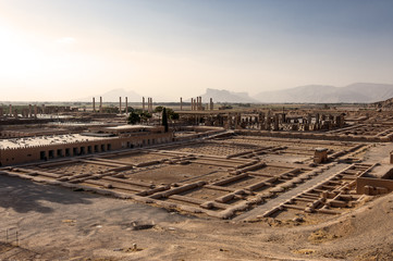 Iran, northern Shiraz, Persepolis (Takht-e-Jamshid - the throne of Jamshid): Panorama view over the ancient area in the late afternoon.