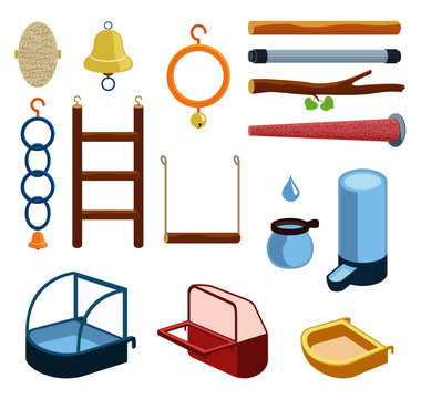 Isolated accessories for parrot, canary or other bird in cage. Vector illustration of perch, wood branch, bell, trough, feeder, drinking bowl, plaything, toy, ladder, bath, ring for pets. Icon set.