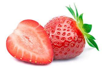 Perfectly retouched strawberry with sliced half and leaves isolated on white background whith clipping path