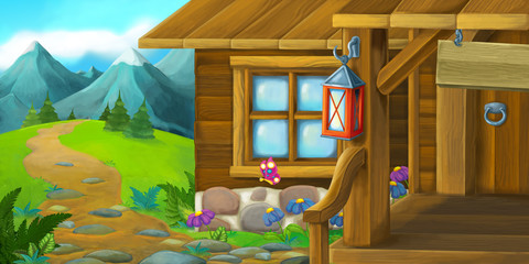 Cartoon background of an old house in the meadow - illustration for the children