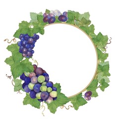 Wreath of grapes 5. Watercolor painting. Hand drawing. To make labels, invitations, posters.