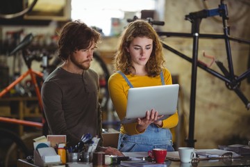 Mechanics using laptop at counter