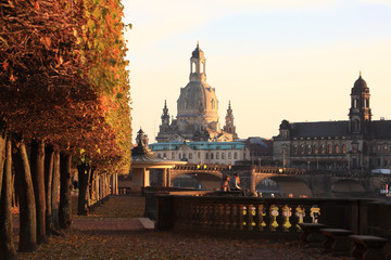  View from the Japanese Palace in Dresden to the Frauenkirche in autumn at sunset