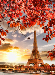 Obrazy na Szkle  Wieża Eiffla z jesiennymi liśćmi w Paryżu, Francja