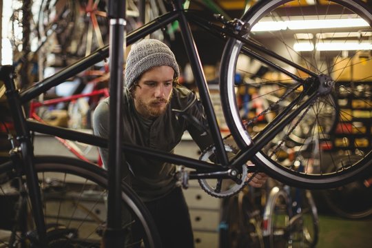 Mechanic examining a bicycle