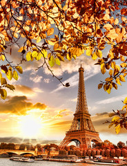 Plakat Eiffel Tower with autumn leaves in Paris, France