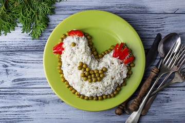Festive salad in shape of chicken, symbol of 2017 year
