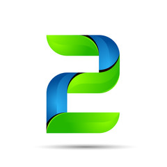 vector 3d Number 2 two logo with speed green leaves. Ecology design for banner, presentation, web page, card, labels or posters.