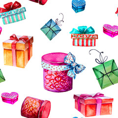 Set of three different colorful isolated present gift boxes - flat style watercolor illustration