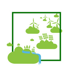 Green energy power plants on clouds. Abstract ecology concept illustration.