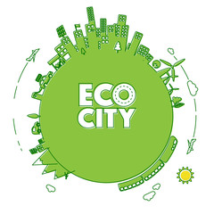 Green eco city with electric cars and green energy power plants in line icon style. Ecology concept illustration.