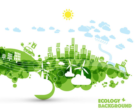 Green eco city with hybrid car and green energy power plants. Ecology concept illustration.