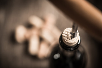 Opening wine bottle with corkscrew in restaurant