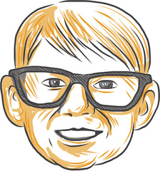 Caucasian Boy Glasses Head Smiling Drawing