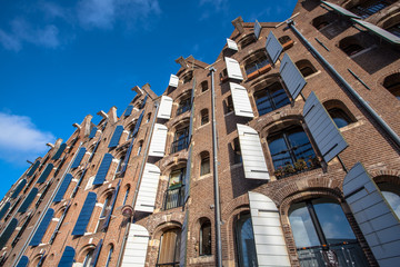 Background of Old Warehouses in Amsterdam, Netherlands