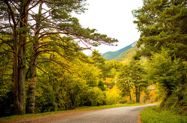 Obraz premium Travel by car on the roads of the Pyrenees in Spain in the autumn.