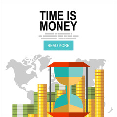 Hourglass in a pile of stacked dollar bills and coin. Time is money concept. Flat vector icon.