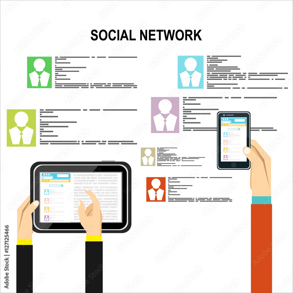 Poster social network vector concept. flat design illustration for web sites infographic design. communicat