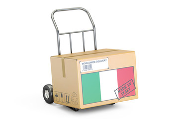 Made in Italy concept. Cardboard Box on Hand Truck, 3D rendering
