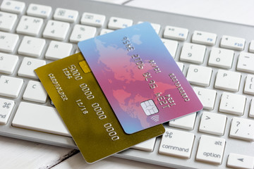 Credit cards on the keyboard close up