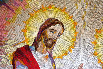 MEDJUGORJE, BOSNIA AND HERZEGOVINA, 2016/11/11. Mosaic of Jesus Christ working his first miracle on the intercession of His Mother Mary. The second luminous mystery of the rosary.
