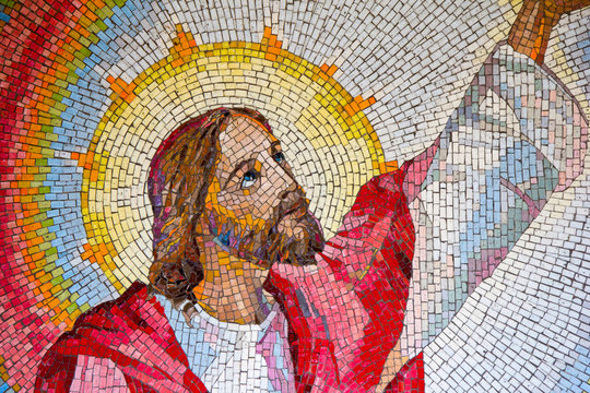 MEDJUGORJE, BOSNIA AND HERZEGOVINA, 2016/11/11. Mosaic of Jesus Christ proclaiming the kingdom of God with his call to conversion. The third luminous mystery of the rosary.
