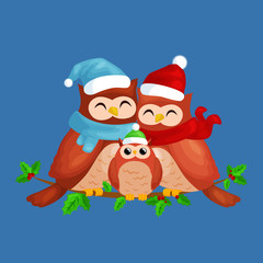 happy family of owls mom dad and baby in a warm hat and scarf sitting on a branch and enjoys the eve of Christmas and New Year by candlelight vector illustration