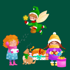 Obraz na płótnie Canvas illustrations set Merry Christmas Happy new year, girl sing holiday songs with dog pets, cat and dog enjoy presents, elf flies using the wings magic wand star vector
