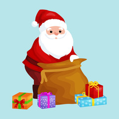 christmas Santa Claus with bag full of presents for winter holiday xmass, new year gifts vector illustration