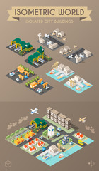 Set of Isolated Isometric Minimal City Elements. Petrol Station , Airport , Railway Station and Harbor with Shadows on Dark Background.